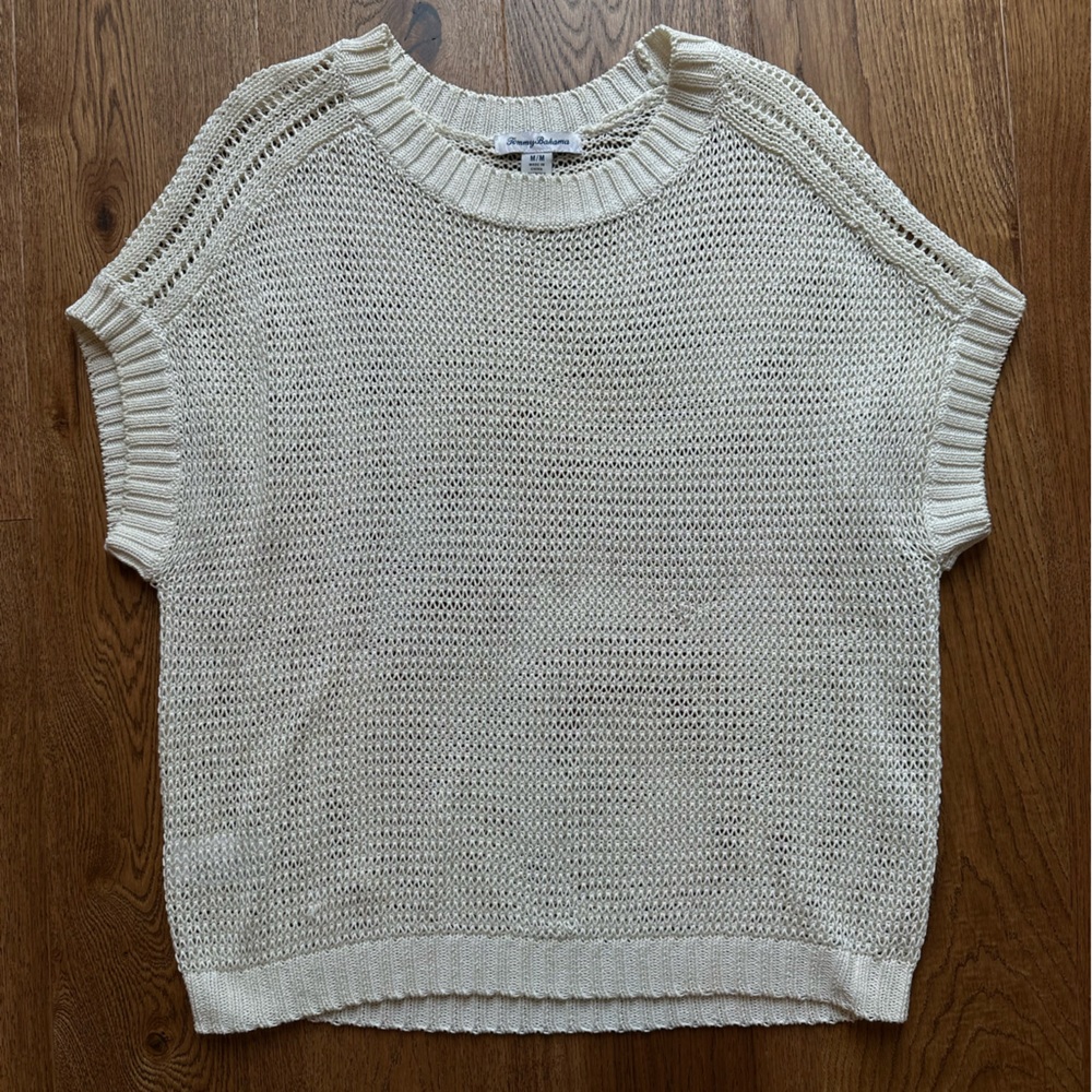 Tommy Bahama Cream Open Knit Short Sleeve Sweater Top, M